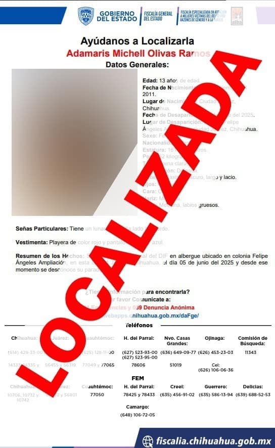 FEM localiza sana y salva a adolescente juarense en el municipio de Aldama