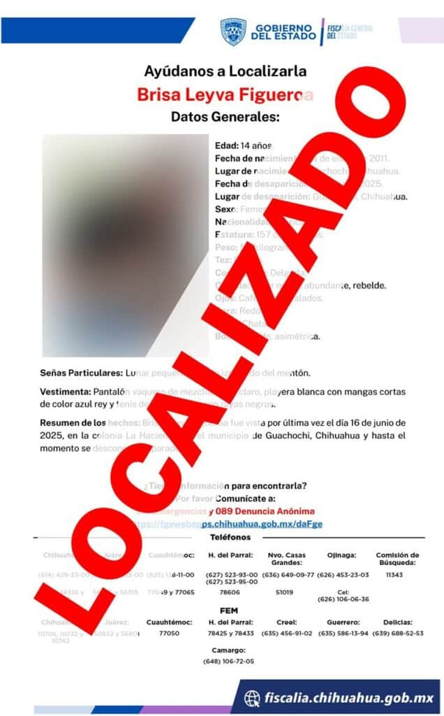 Localiza FGE a menor de edad reportada como ausente en Guachochi