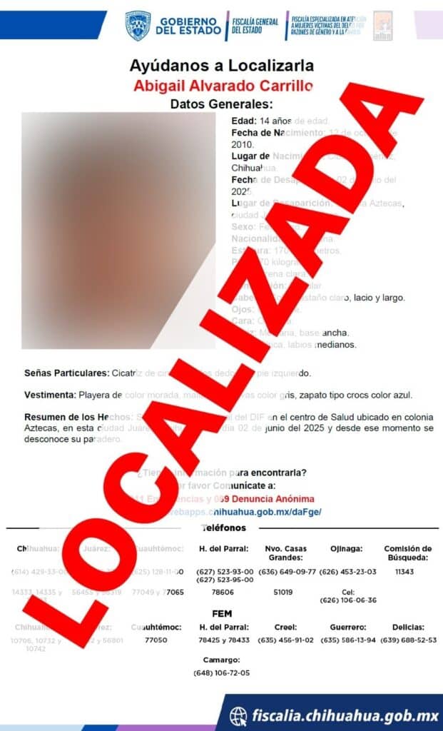Localizan sana y salva a menor de 14 años de edad con reporte de ausencia en Ciudad Juárez